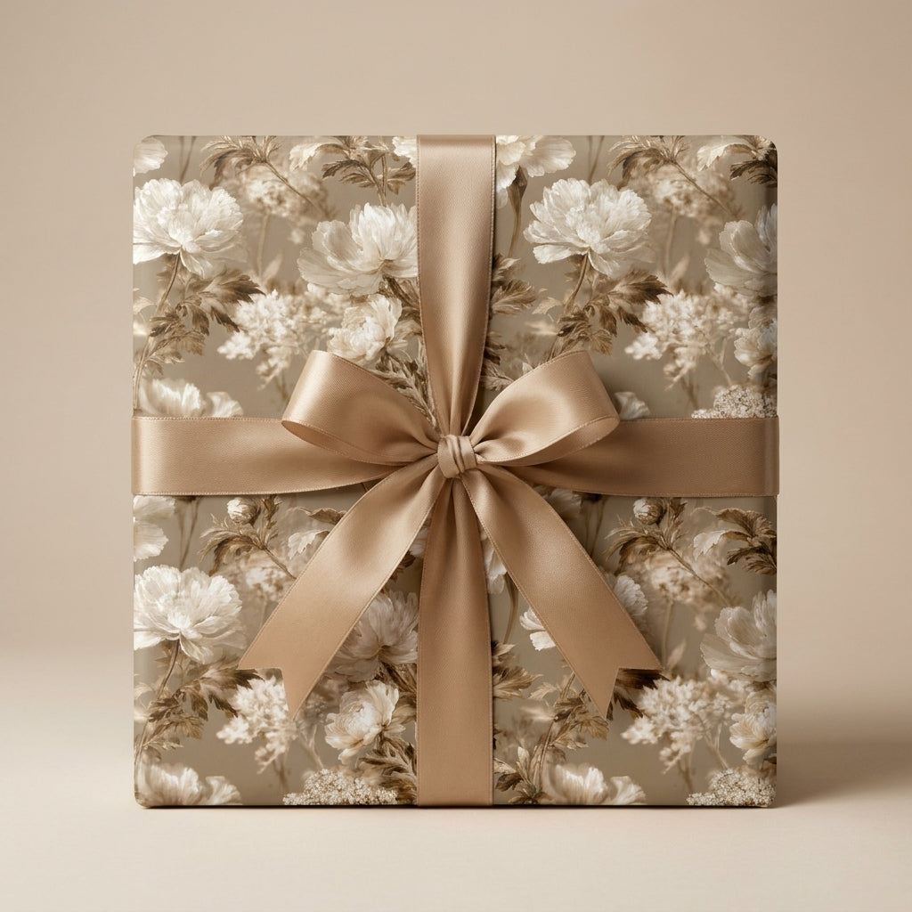 Luxury vintage floral wrapping paper in beige with a gold satin bow by Wrapped Studios.
