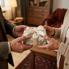 Elderly couple exchanging a gift in sage green vintage floral wrapping paper with cream ribbon. Wrapped Studios.