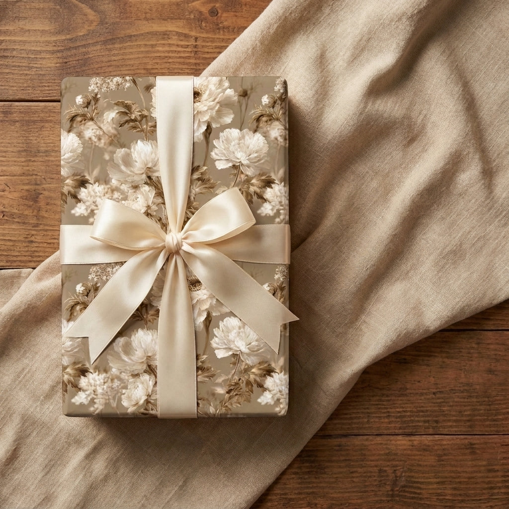 Vintage floral wrapping paper with a luxury cream satin bow on rustic linen, by Wrapped Studios.
