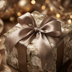 Elegant floral wrapping paper with a champagne satin bow by Wrapped Studios. Luxury gift wrap.