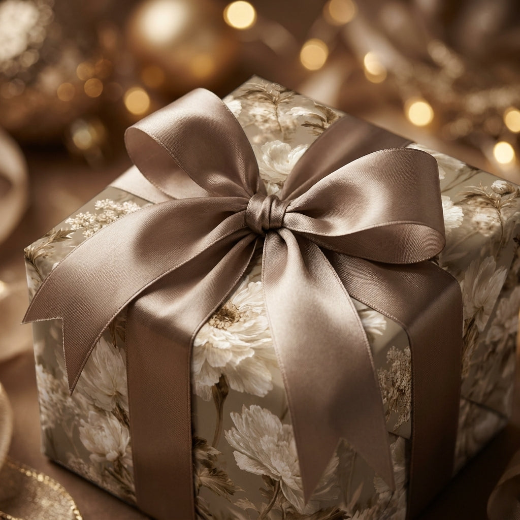 Elegant floral wrapping paper with a champagne satin bow by Wrapped Studios. Luxury gift wrap.
