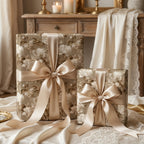 Vintage floral wrapping paper with elegant champagne satin bows on luxury gift boxes by Wrapped Studios.
