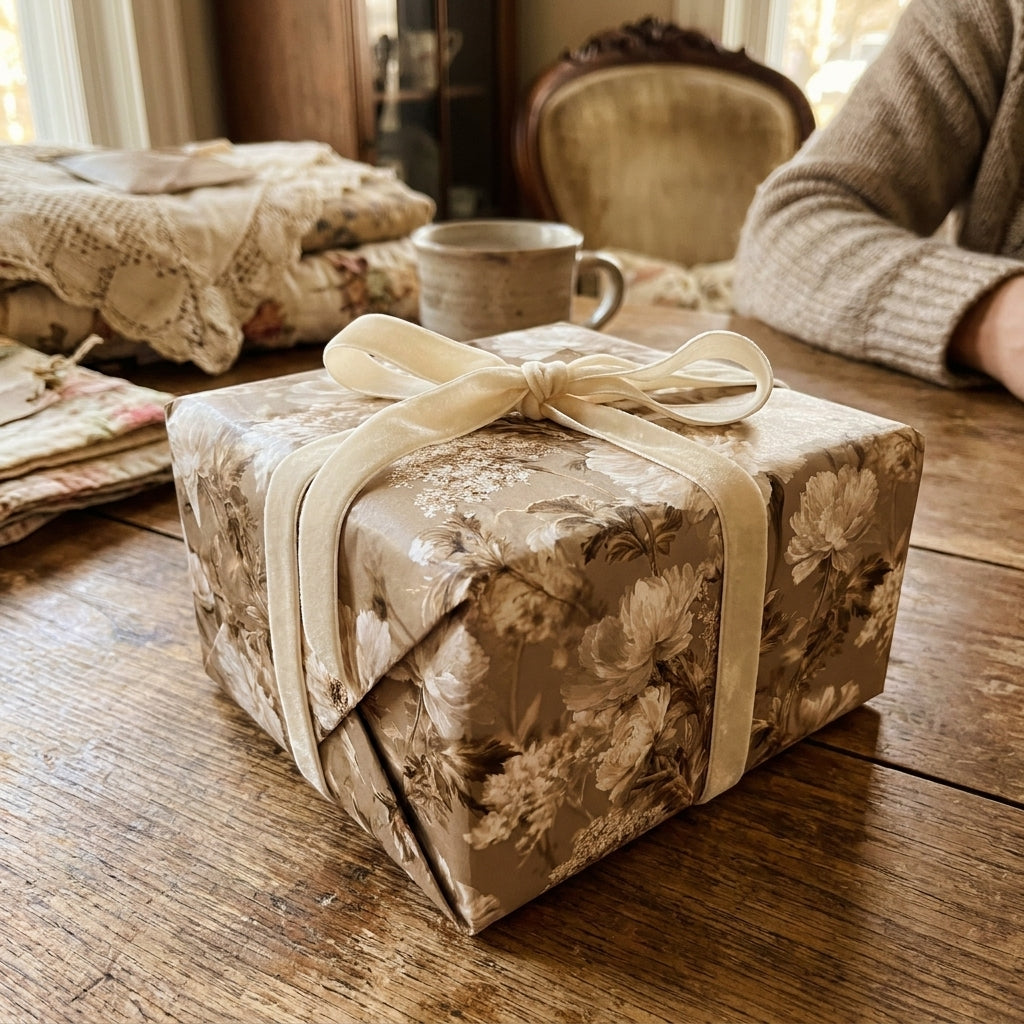 Vintage floral wrapping paper with cream velvet ribbon on a luxury gift box by Wrapped Studios.