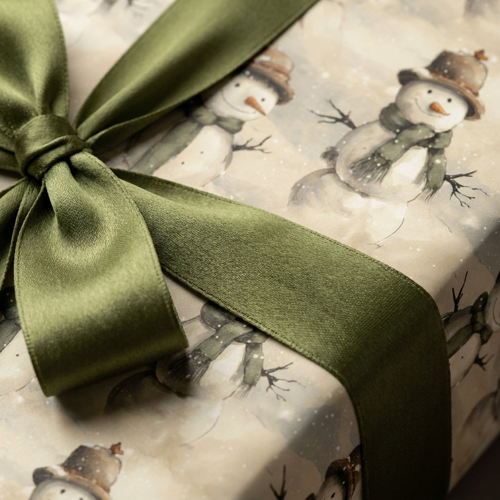Vintage snowman Christmas wrapping paper with a sage green satin ribbon from Wrapped Studios.