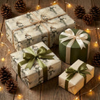 Vintage snowman Christmas wrapping paper and green ribbons on rustic holiday gifts by Wrapped Studios.