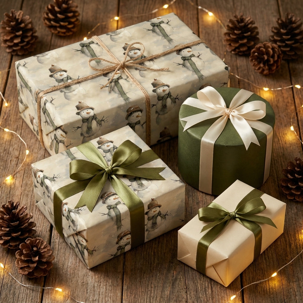 Vintage snowman Christmas wrapping paper and green ribbons on rustic holiday gifts by Wrapped Studios.