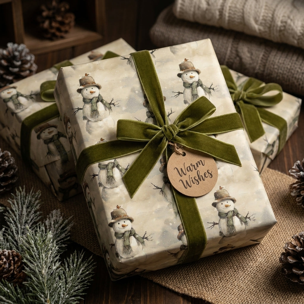 Vintage snowman Christmas wrapping paper with a green velvet bow and Warm Wishes tag by Wrapped Studios.