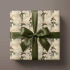 Rustic snowman Christmas gift wrap with olive green satin ribbon by Wrapped Studios.
