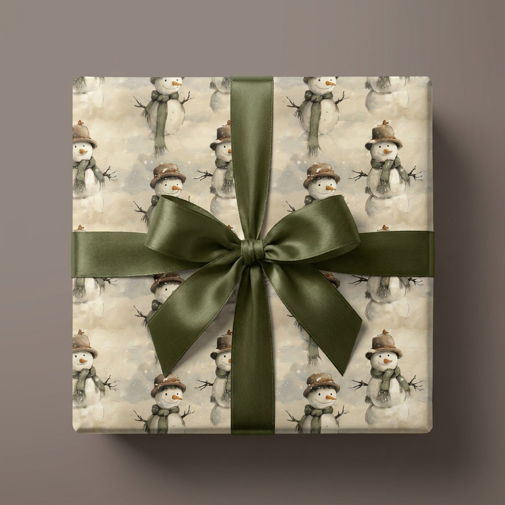 Rustic snowman Christmas gift wrap with olive green satin ribbon by Wrapped Studios.