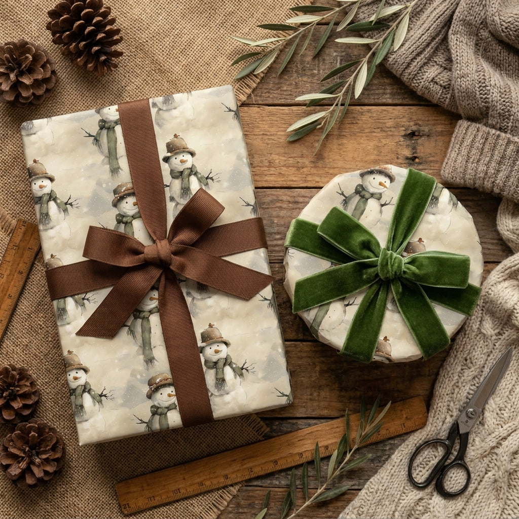Vintage snowman Christmas wrapping paper with rustic velvet bows by Wrapped Studios.