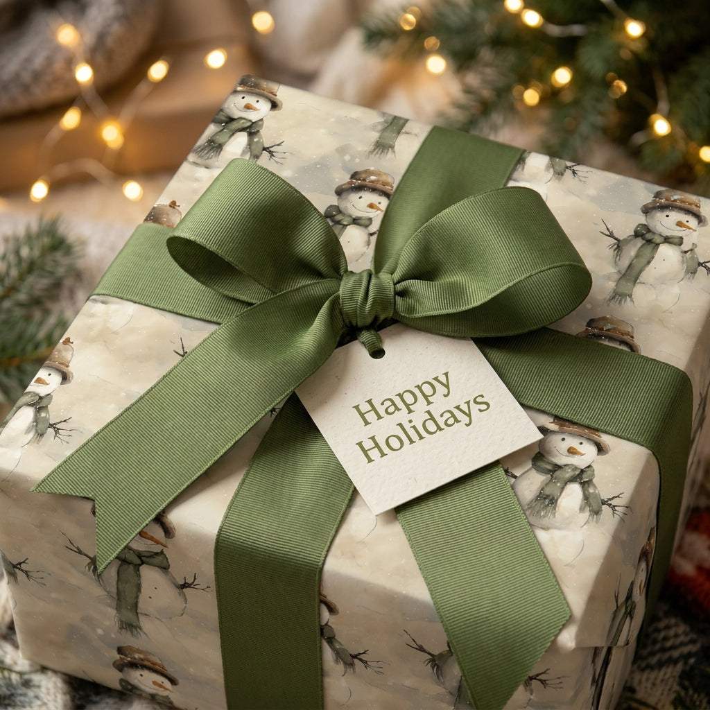 Snowman Christmas wrapping paper by Wrapped Studios on a gift box with a sage green bow and holiday tag.