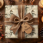 Vintage snowman Christmas wrapping paper by Wrapped Studios, with a rustic burlap bow and No Peeking gift tag.