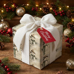Vintage snowman Christmas wrapping paper with a white velvet bow on a gift box by Wrapped Studios.