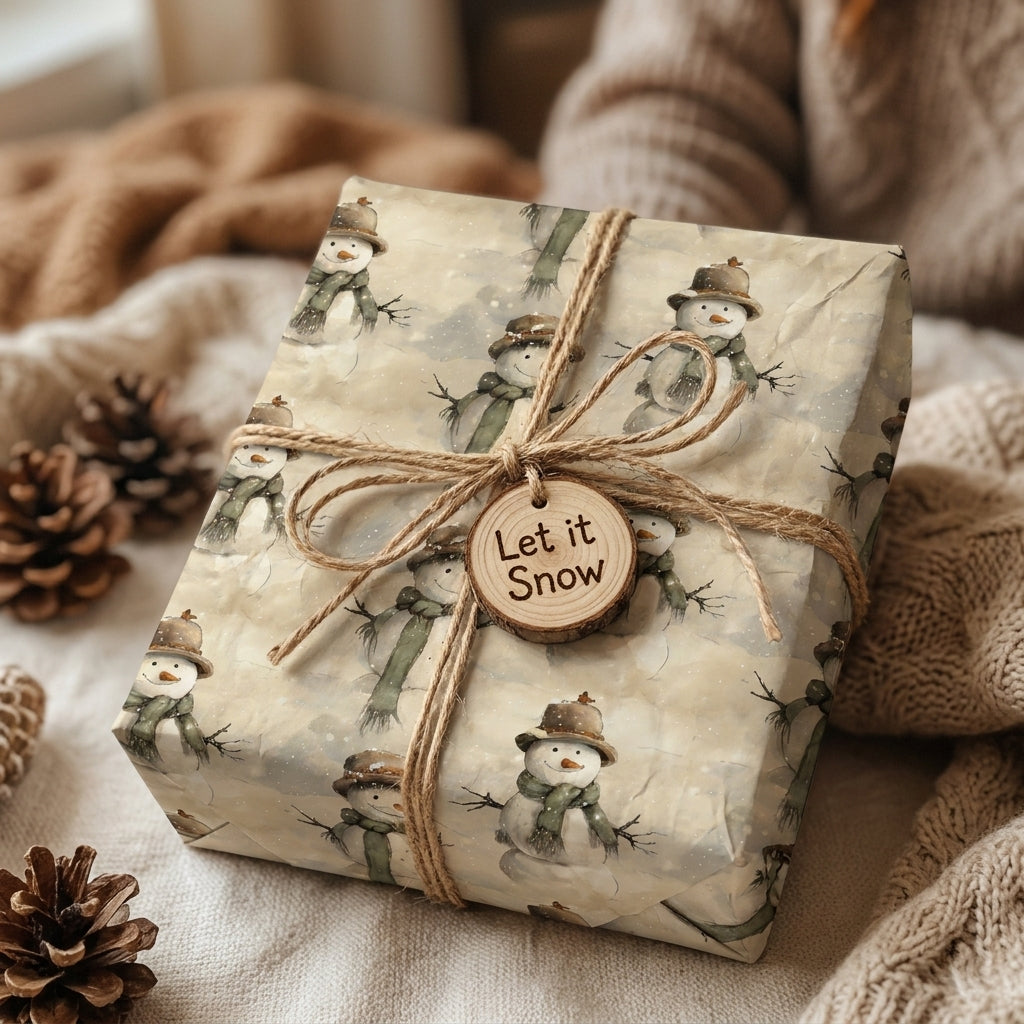 Vintage snowman Christmas wrapping paper by Wrapped Studios on a rustic gift box with twine.