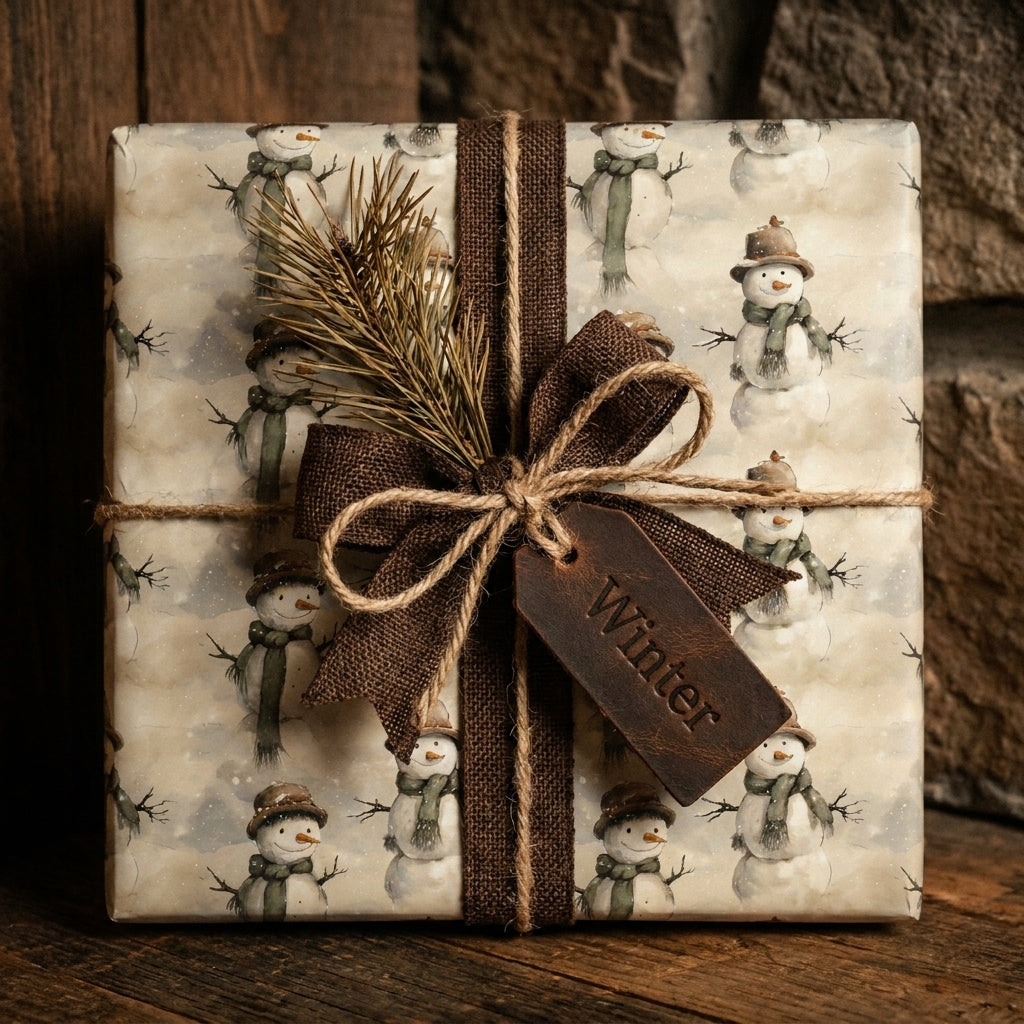 Rustic snowman Christmas wrapping paper on a gift box with a brown burlap bow by Wrapped Studios.