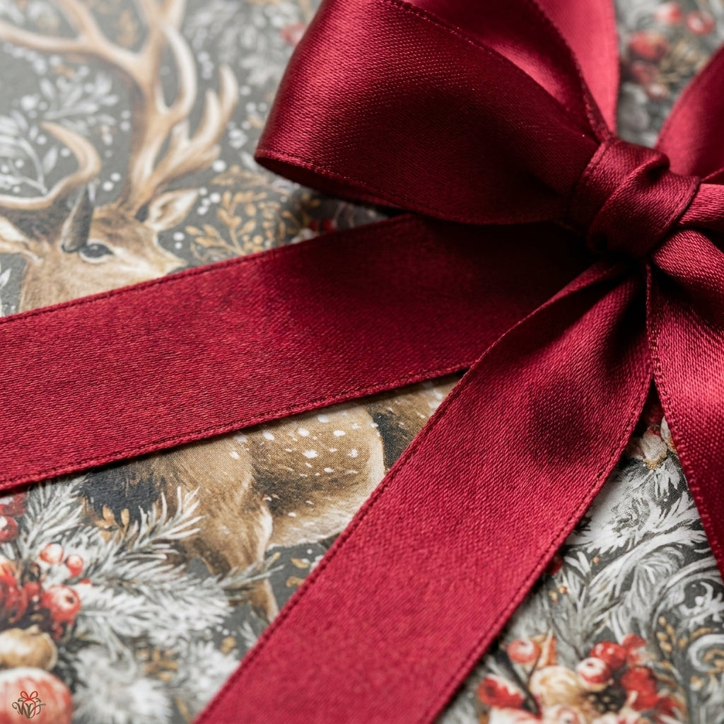 Vintage woodland deer Christmas wrapping paper with a luxury red satin bow by Wrapped Studios.