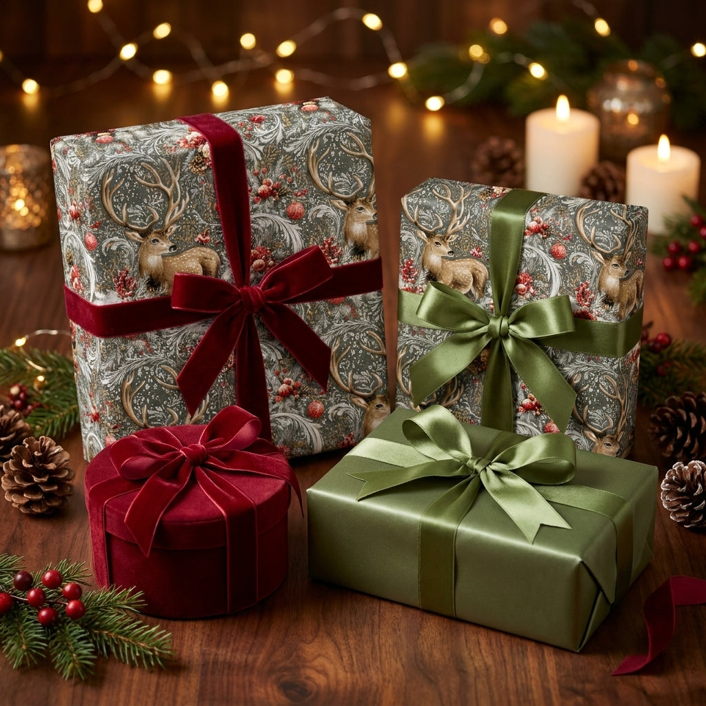 Luxury Christmas gift wrap with vintage deer pattern and velvet bows by Wrapped Studios.
