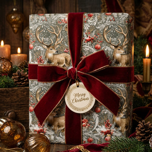 Luxury Christmas wrapping paper with vintage deer pattern and red velvet bow by Wrapped Studios.