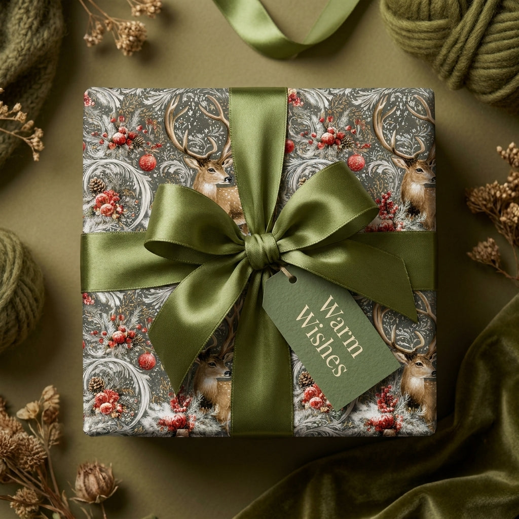 Vintage deer Christmas wrapping paper with olive green satin bow and rustic holiday tag by Wrapped Studios.
