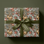 Vintage deer Christmas wrapping paper with olive green satin ribbon and tag by Wrapped Studios.