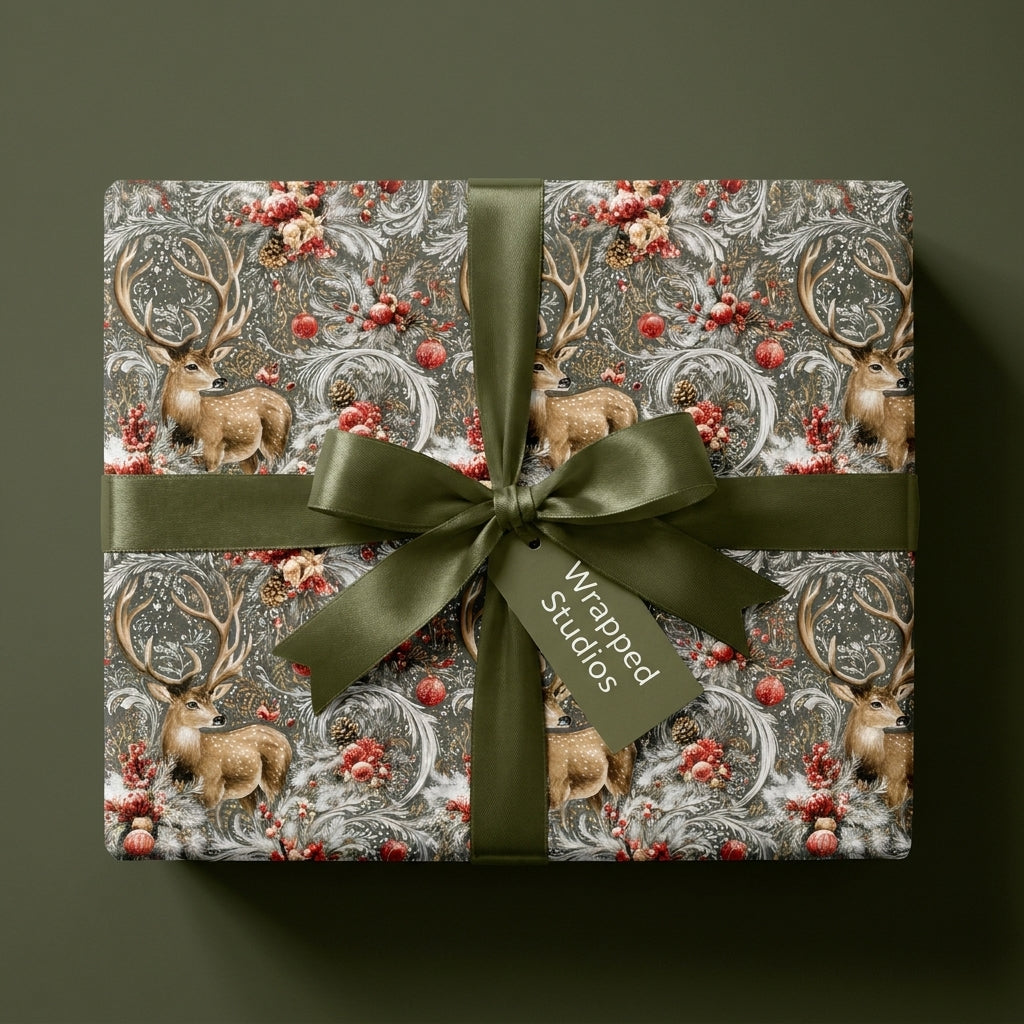 Vintage deer Christmas wrapping paper with olive green satin ribbon and tag by Wrapped Studios.