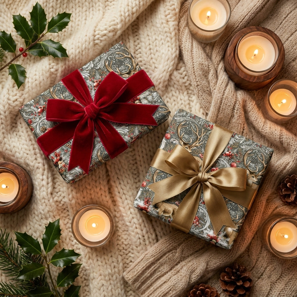 Luxury reindeer Christmas wrapping paper with red velvet and gold bows on a cozy knit background, by Wrapped Studios.