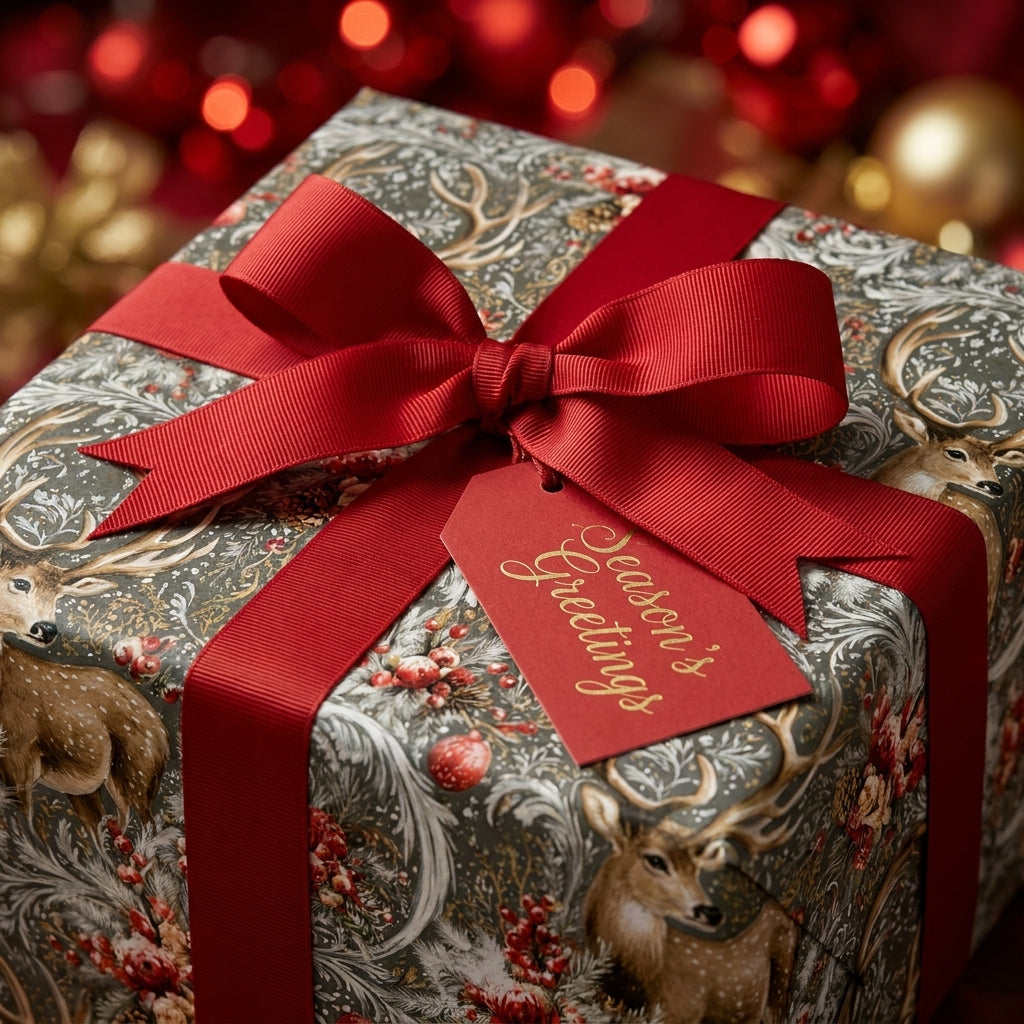 Luxury deer Christmas gift wrap with red bow and Season's Greetings tag by Wrapped Studios.