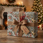 Vintage deer Christmas wrapping paper with a burlap ribbon and 'No Peeking' tag, by Wrapped Studios.