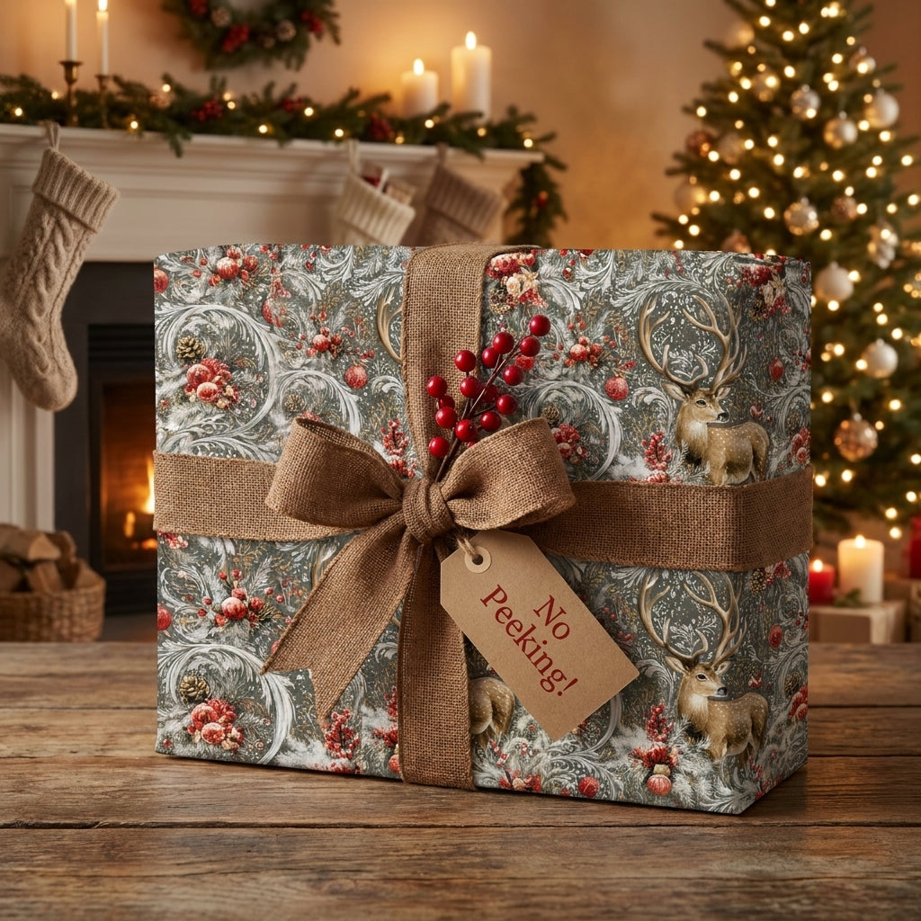 Vintage deer Christmas wrapping paper with a burlap ribbon and 'No Peeking' tag, by Wrapped Studios.