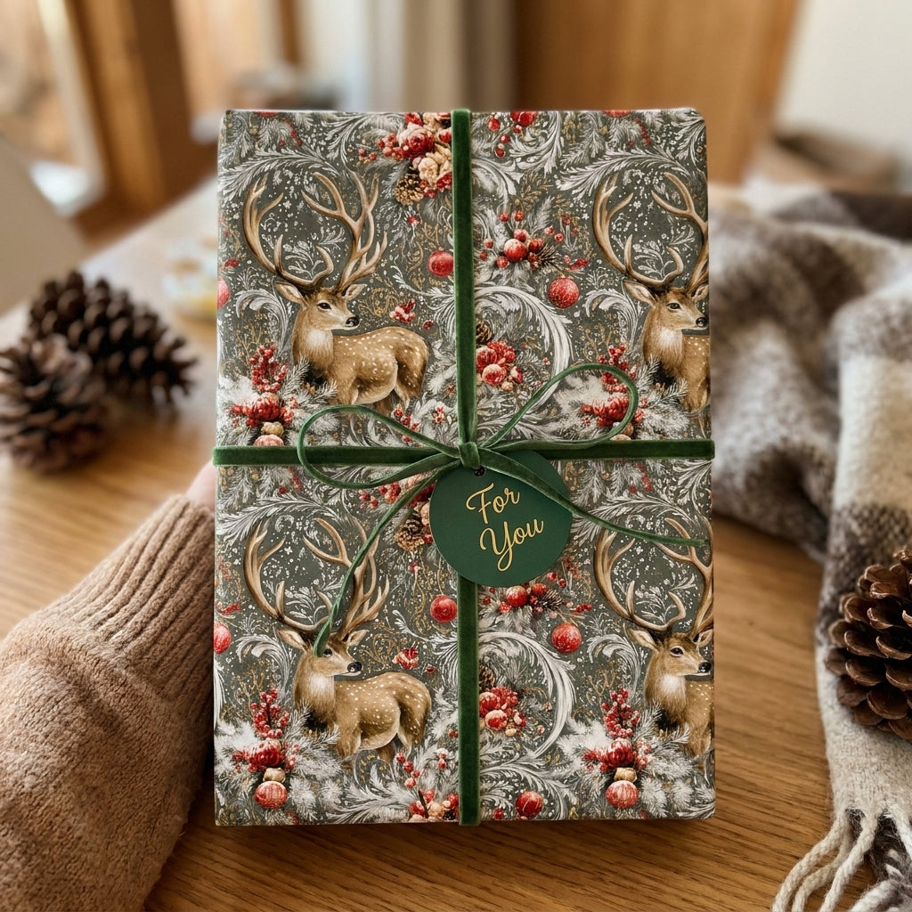 Rustic woodland deer Christmas wrapping paper with green velvet ribbon by Wrapped Studios.
