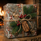 Rustic deer Christmas wrapping paper by Wrapped Studios on a gift with twine and pine by a cozy fireplace.