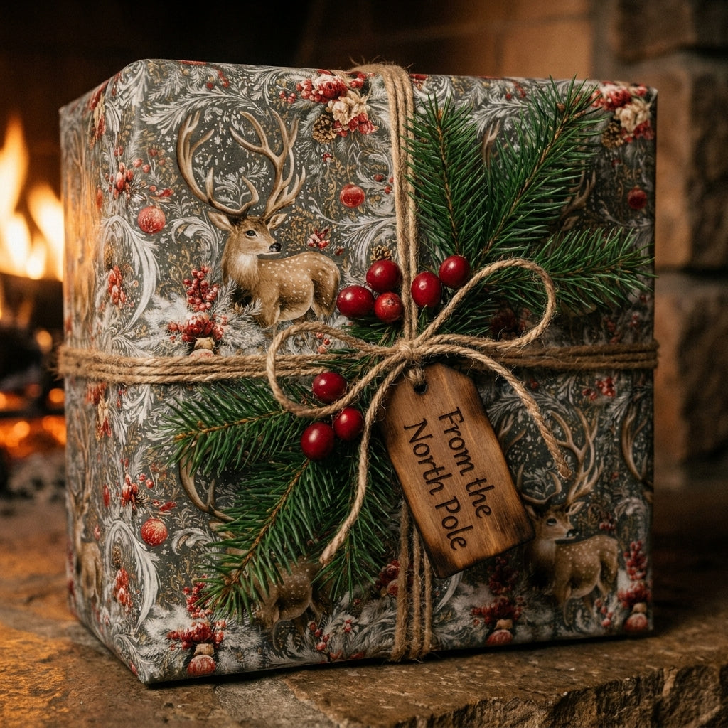 Rustic deer Christmas wrapping paper by Wrapped Studios on a gift with twine and pine by a cozy fireplace.