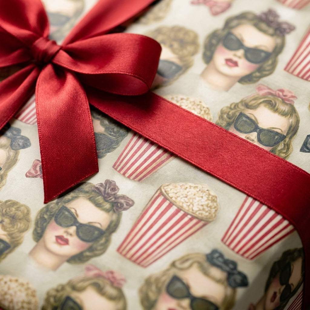 Retro vintage wrapping paper with 1950s movie girls, popcorn, and a red satin bow by Wrapped Studios.