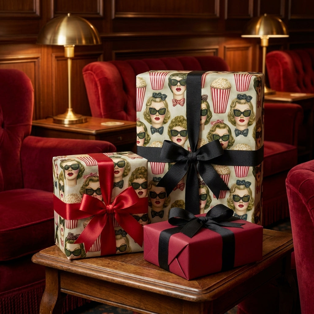 Retro movie theater wrapping paper with 3D glasses and popcorn by Wrapped Studios.