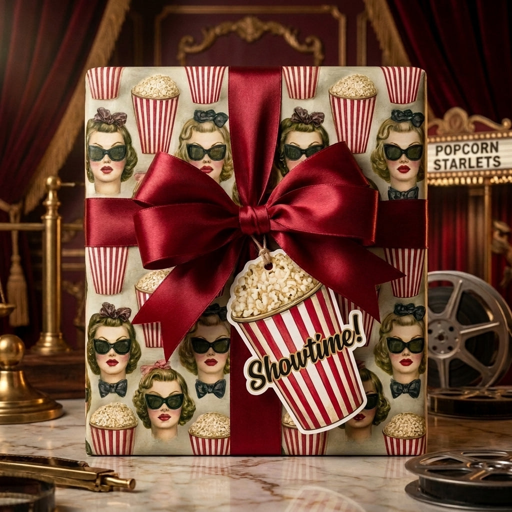 Vintage movie night wrapping paper with popcorn pattern and a red satin bow by Wrapped Studios.