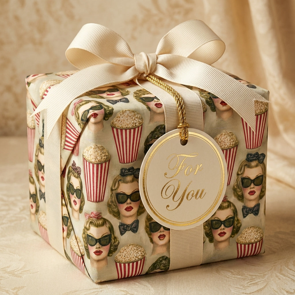Retro movie wrapping paper with 1950s ladies and popcorn, tied with a cream ribbon bow by Wrapped Studios.