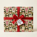 Retro movie wrapping paper with popcorn and 3D glasses pattern and red ribbon by Wrapped Studios.
