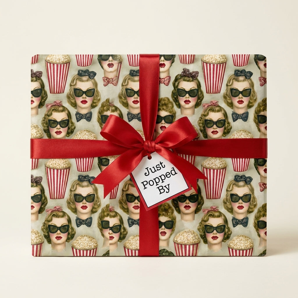 Retro movie wrapping paper with popcorn and 3D glasses pattern and red ribbon by Wrapped Studios.