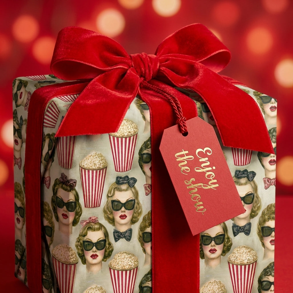 Retro movie night wrapping paper with red velvet bow and 'Enjoy the show' tag by Wrapped Studios.
