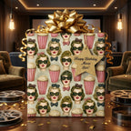 Retro Hollywood movie birthday wrapping paper with popcorn pattern and gold bow, by Wrapped Studios.