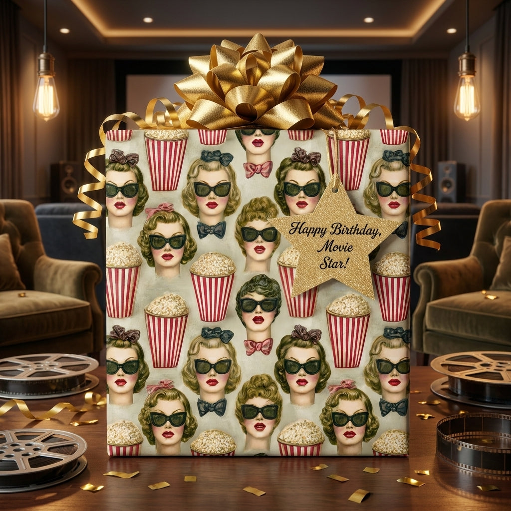 Retro Hollywood movie birthday wrapping paper with popcorn pattern and gold bow, by Wrapped Studios.