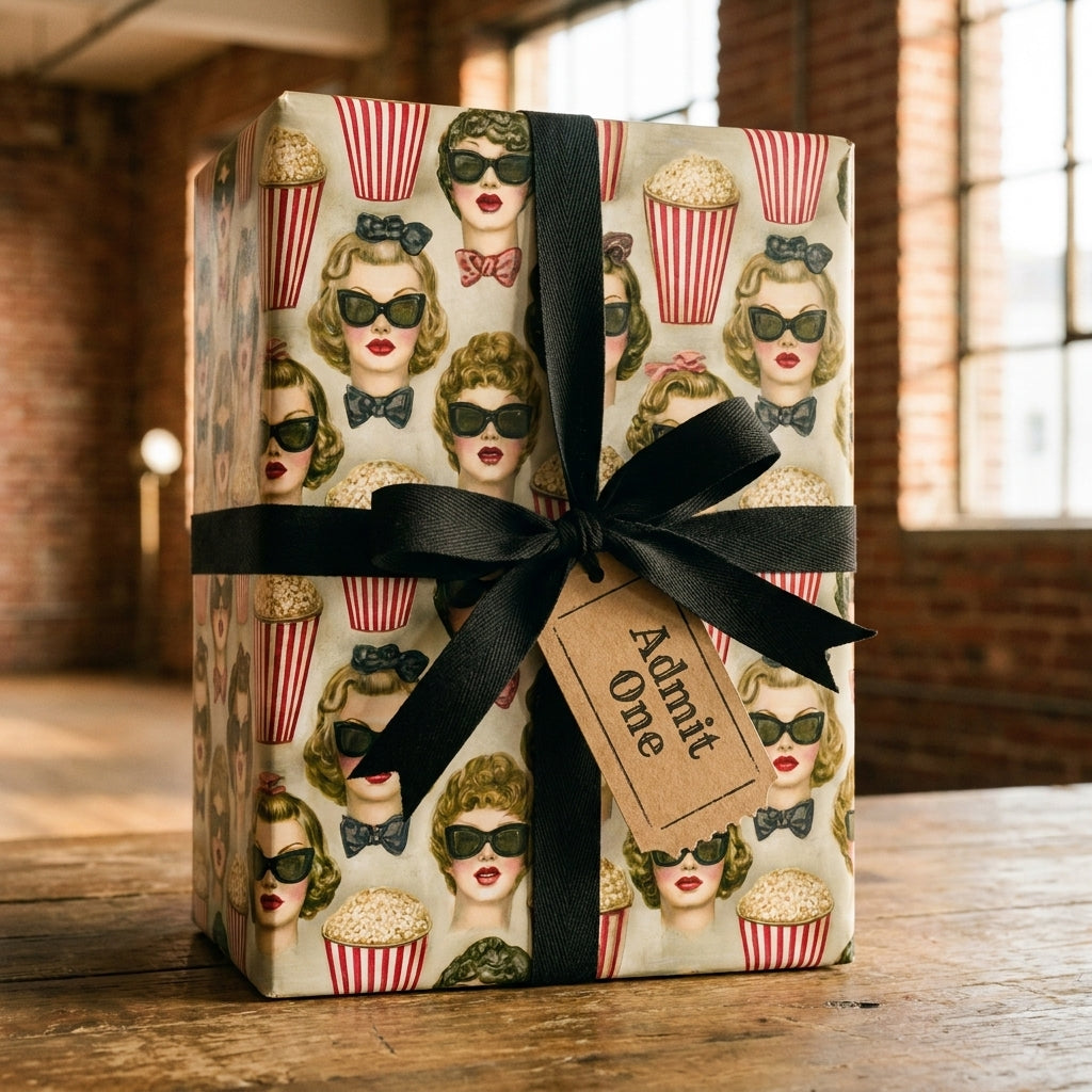 Retro movie wrapping paper with vintage print, black bow, and Admit One gift tag by Wrapped Studios.
