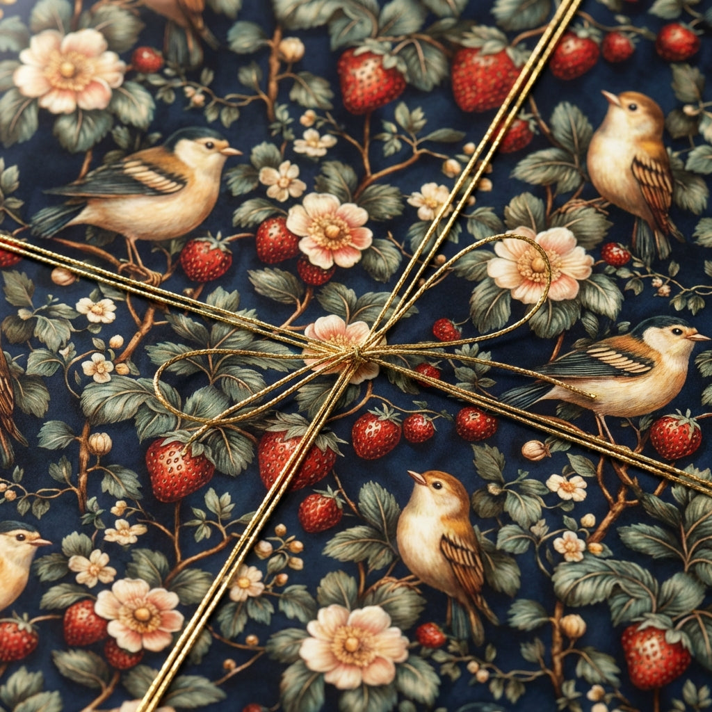 Elegant floral gift wrap featuring birds and strawberries with gold string bow.