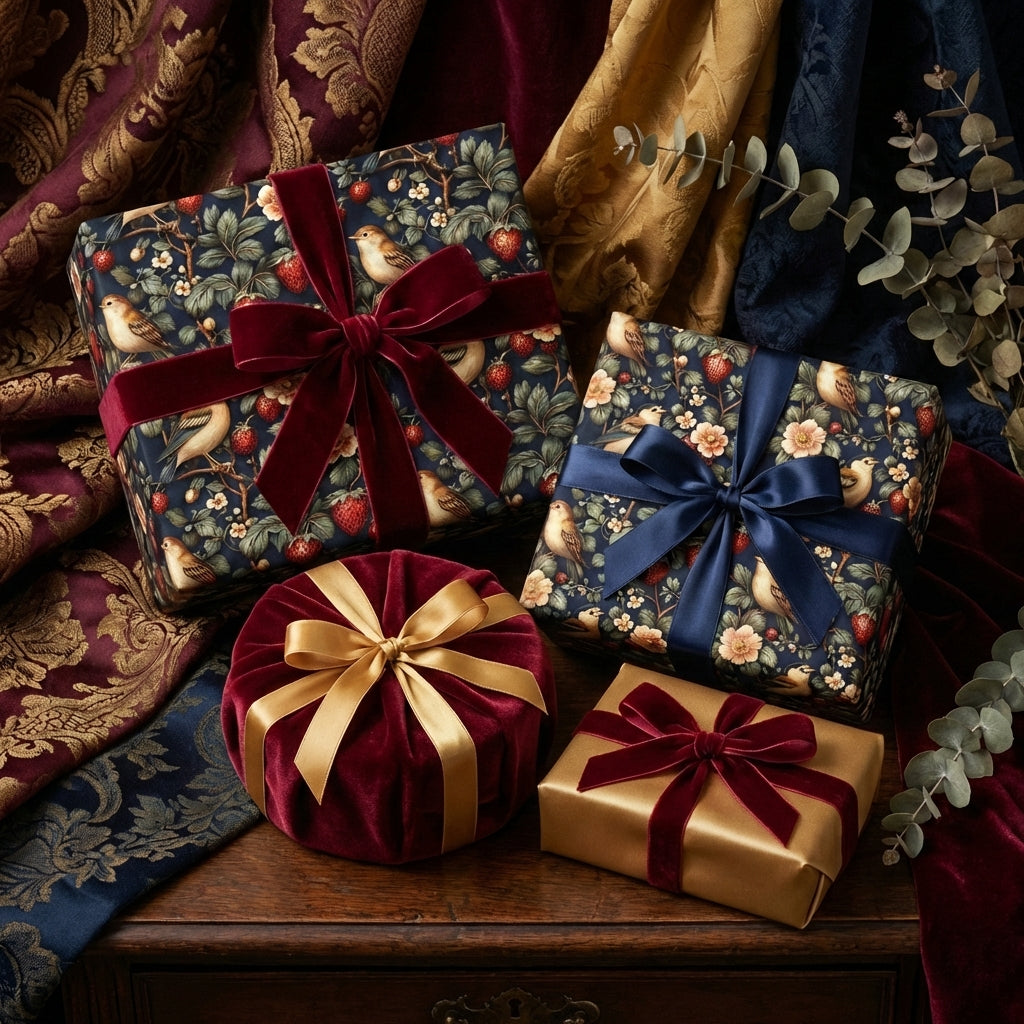 Elegant presents wrapped in floral wrapping paper with velvet ribbons for birthdays or Christmas gifts.