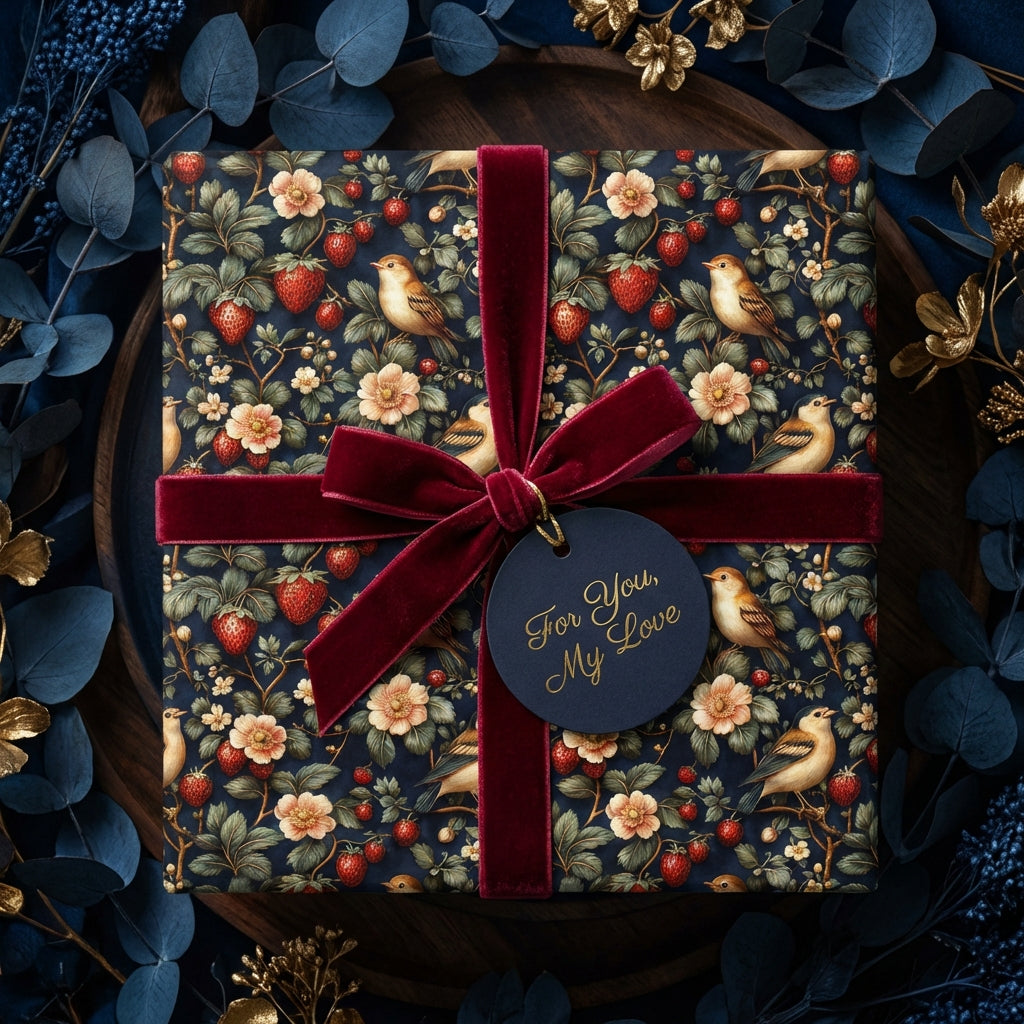 Elegant gift wrapped in floral wrapping paper with birds and strawberries, tied with a burgundy velvet ribbon, and a "For You, My Love" tag.