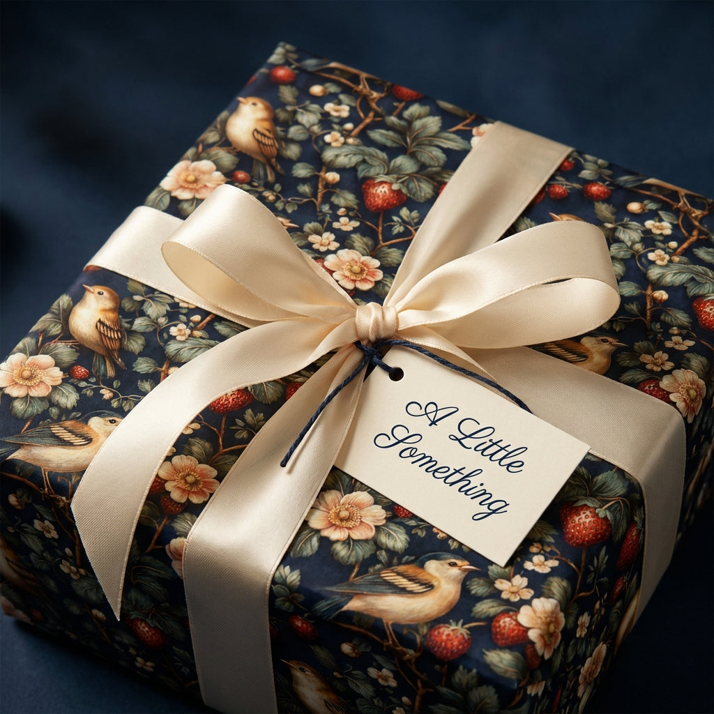 Elegant gift wrapped in floral wrapping paper featuring birds and strawberries, with a cream ribbon and a gift tag.