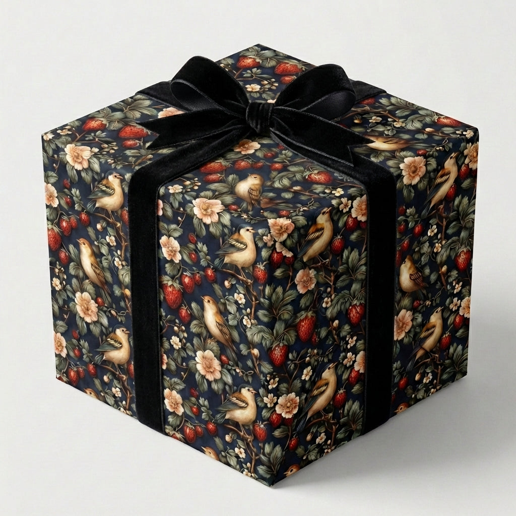 Elegant gift wrapped in bird and strawberry patterned wrapping paper with a black velvet ribbon.