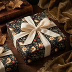 Elegant gift box wrapped in vintage-style floral wrapping paper with bird and strawberry design, tied with a cream ribbon.
