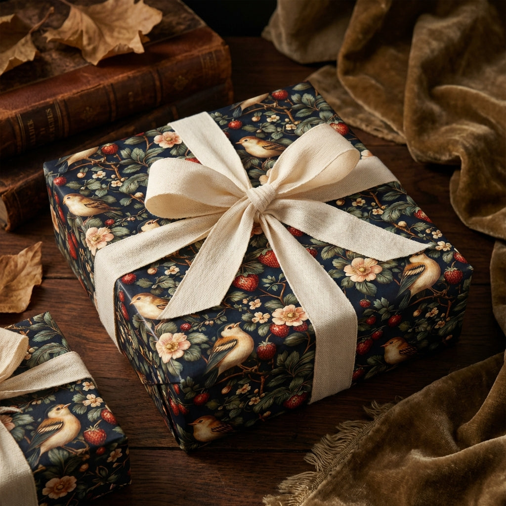 Elegant gift box wrapped in vintage-style floral wrapping paper with bird and strawberry design, tied with a cream ribbon.