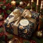 Elegant Christmas gift with bird and floral wrapping paper, gold ribbon and "Warmest Wishes" tag.